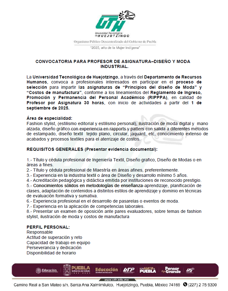 CONVOCATORIA PROFESOR DE ASIGNATURA (PA) – DISEÑO Y MODA INDUSTRIAL