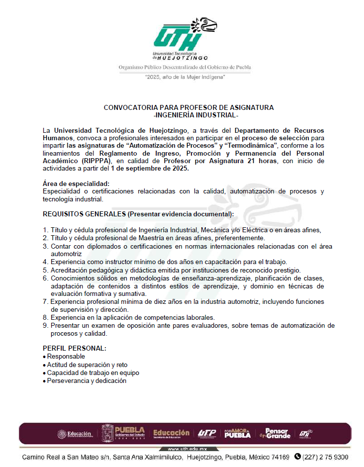 CONVOCATORIA PROFESOR DE ASIGNATURA (PA) – INGENIERÍA INDUSTRIAL