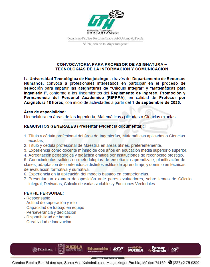 CONVOCATORIA  PROFESOR DE ASIGNATURA (PA) – TECNOLOGÍAS DE LA INFORMACIÓN Y COMUNICACIÓN